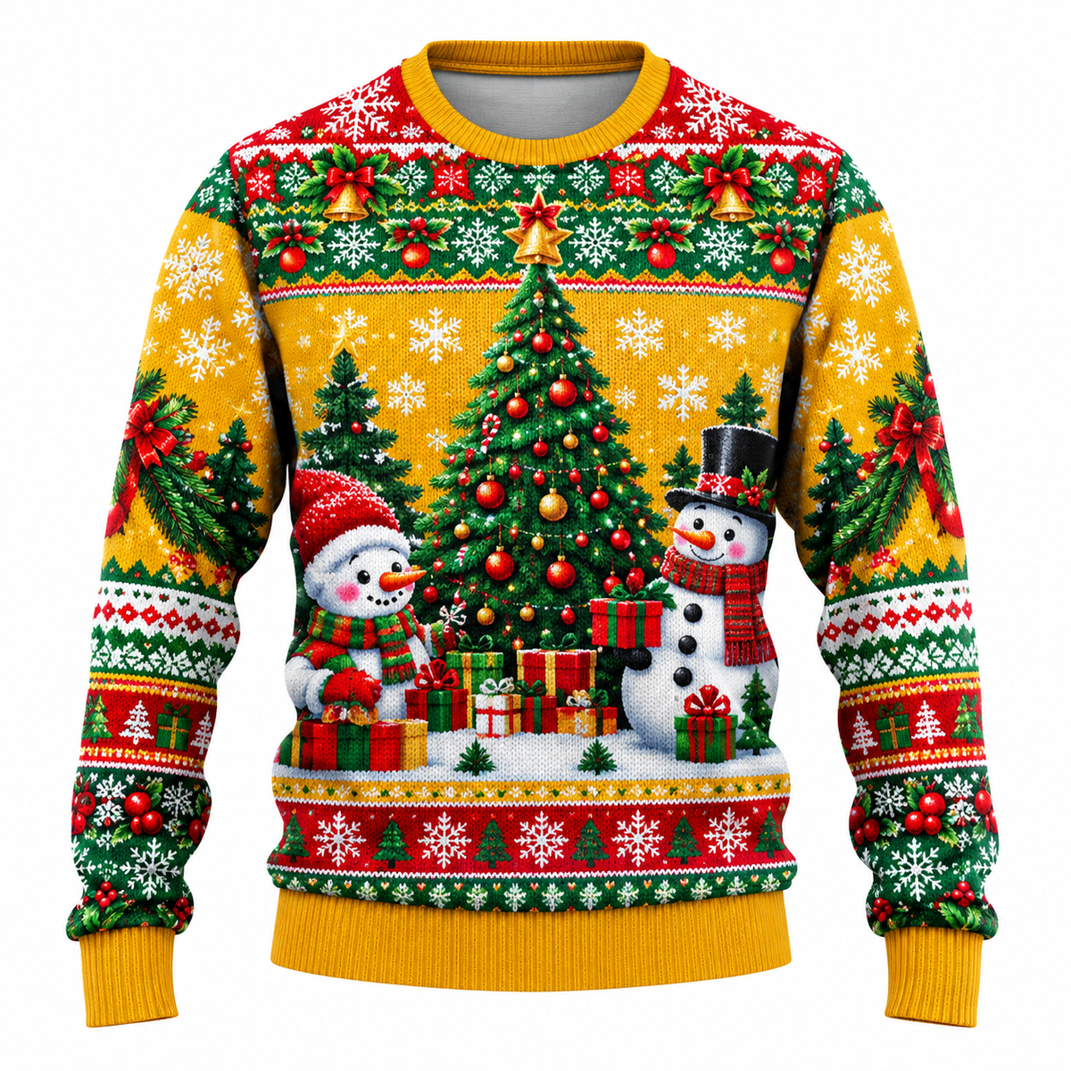 Men's Christmas Sweater with Santa, Snowman & Snow-Covered Tree Print - Crew Neck, Straight Fit & Ribbed Cuffs