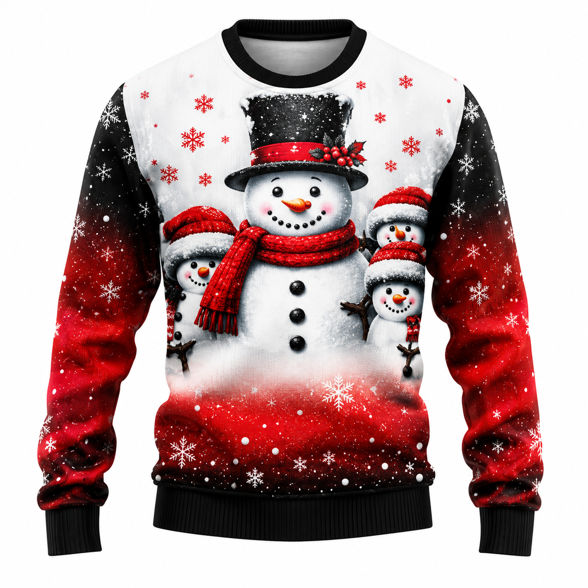 Men's Christmas Sweater with Santa, Snowman & Snow-Covered Tree Print - Crew Neck, Straight Fit & Ribbed Cuffs