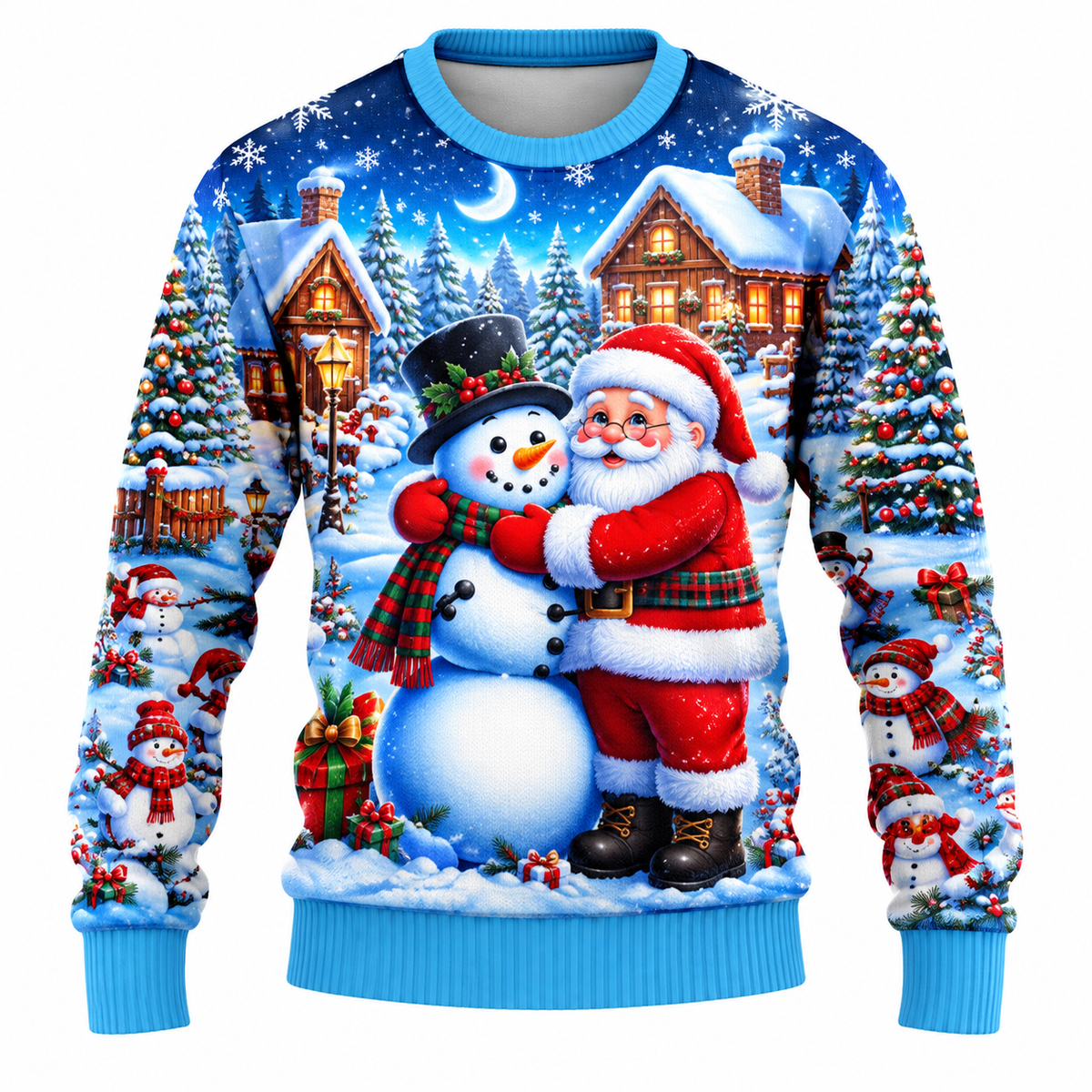 Men's Christmas Sweater with Santa, Snowman & Snow-Covered Tree Print - Crew Neck, Straight Fit & Ribbed Cuffs