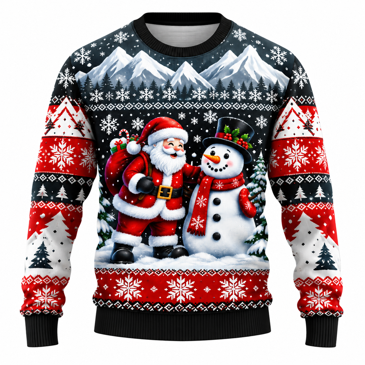 Men's Christmas Sweater with Santa, Snowman & Snow-Covered Tree Print - Crew Neck, Straight Fit & Ribbed Cuffs