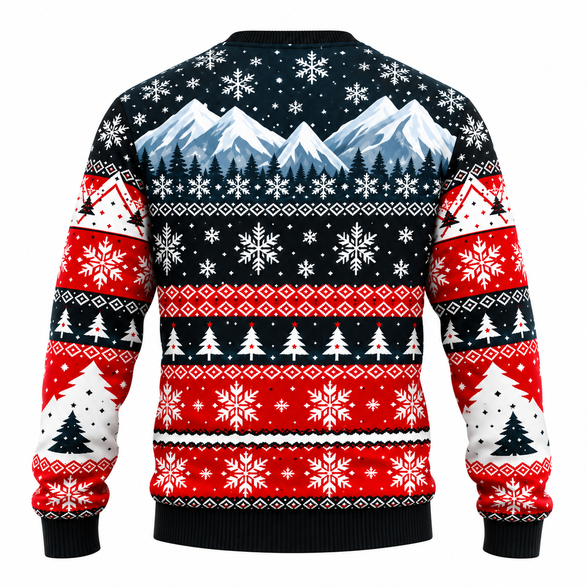 Men's Christmas Sweater with Santa, Snowman & Snow-Covered Tree Print - Crew Neck, Straight Fit & Ribbed Cuffs