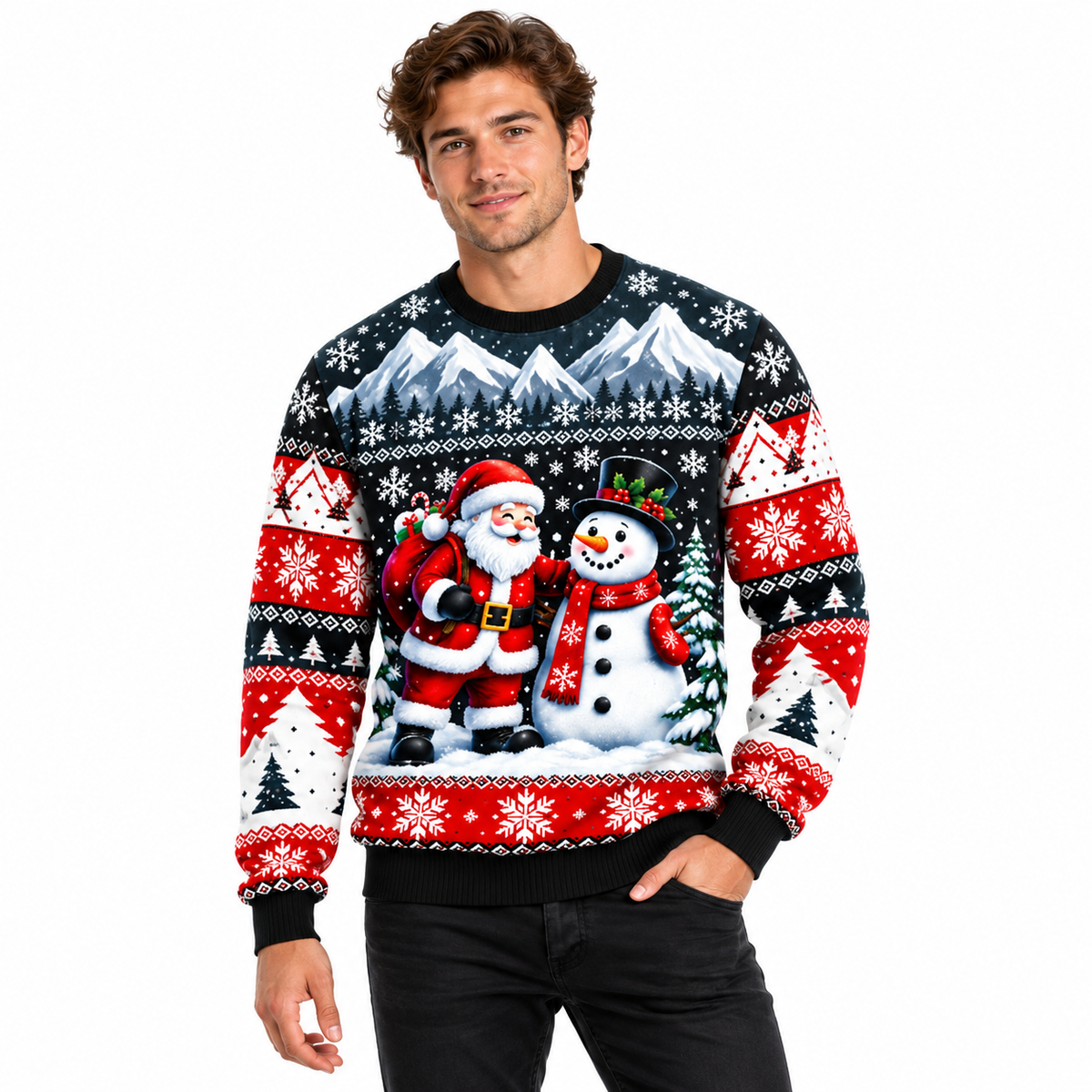 Men's Christmas Sweater with Santa, Snowman & Snow-Covered Tree Print - Crew Neck, Straight Fit & Ribbed Cuffs