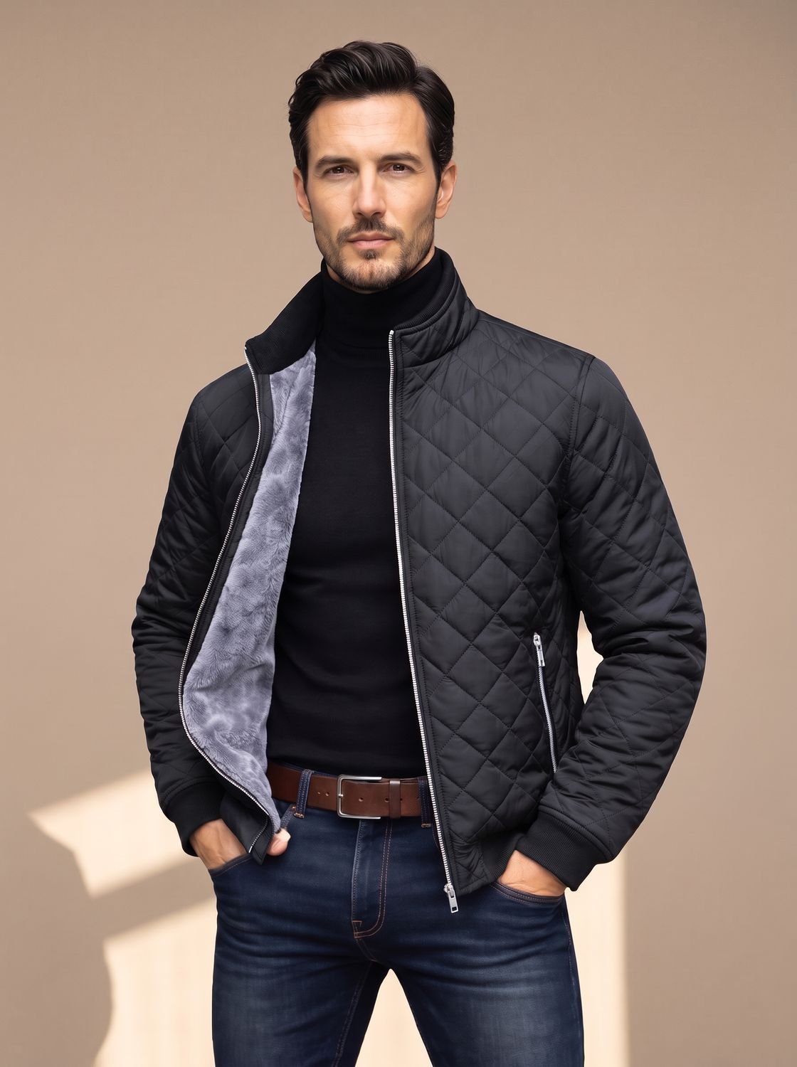 Men's Diamond-Quilted Fleece-Lined Full-Zip Winter Jacket