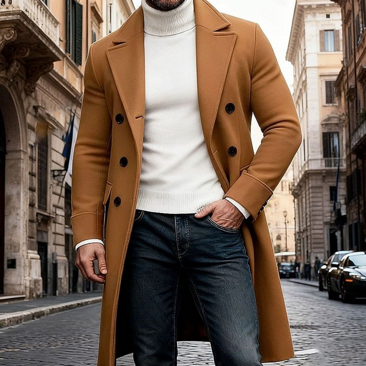 Men's Double-Breasted Long Wool Tailored Fit Overcoat