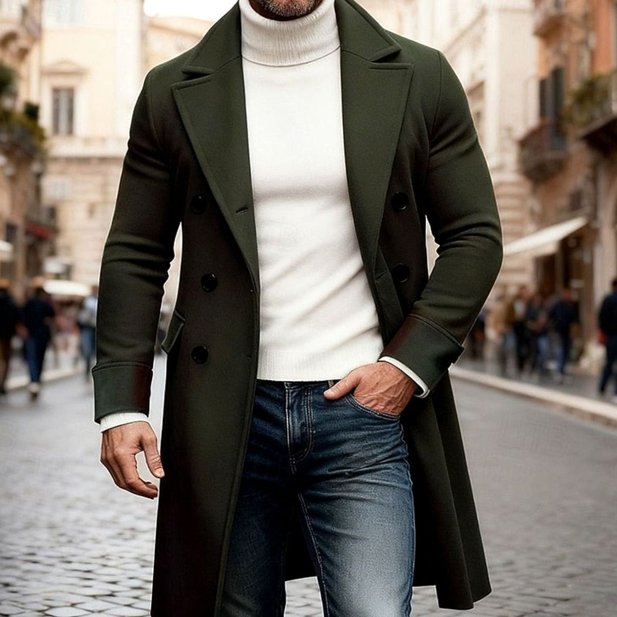Men's Double-Breasted Long Wool Tailored Fit Overcoat