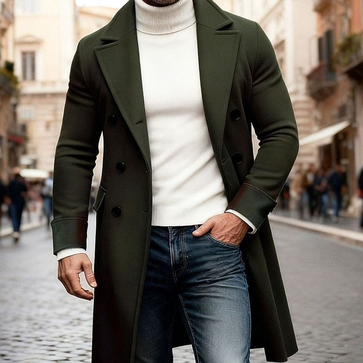 Men's Double-Breasted Long Wool Tailored Fit Overcoat