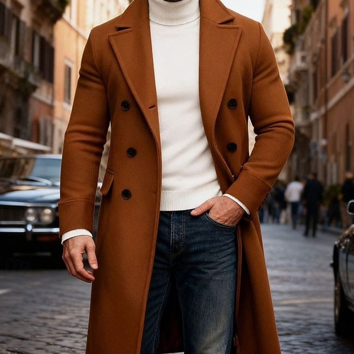 Men's Double-Breasted Long Wool Tailored Fit Overcoat