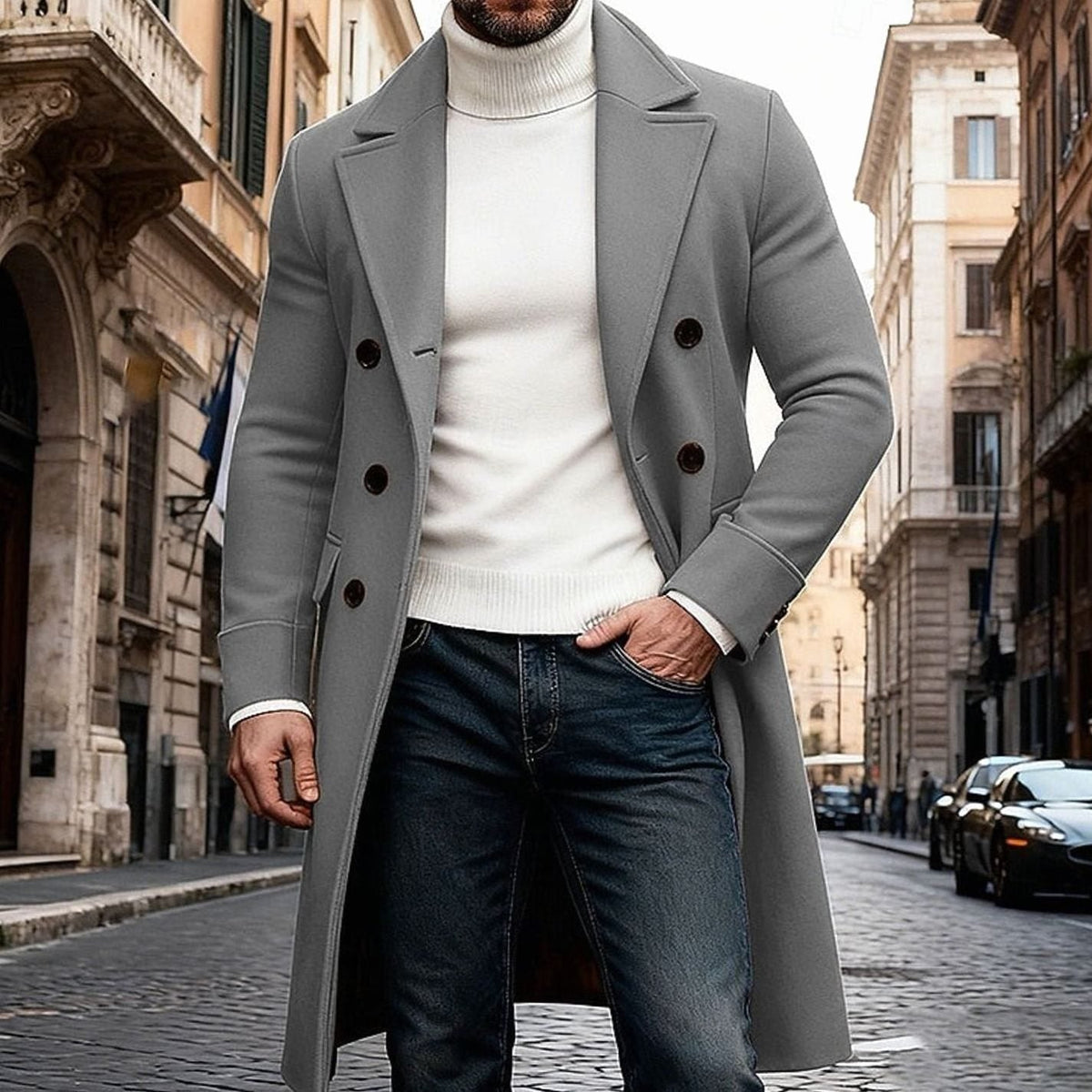 Men's Double-Breasted Long Wool Tailored Fit Overcoat