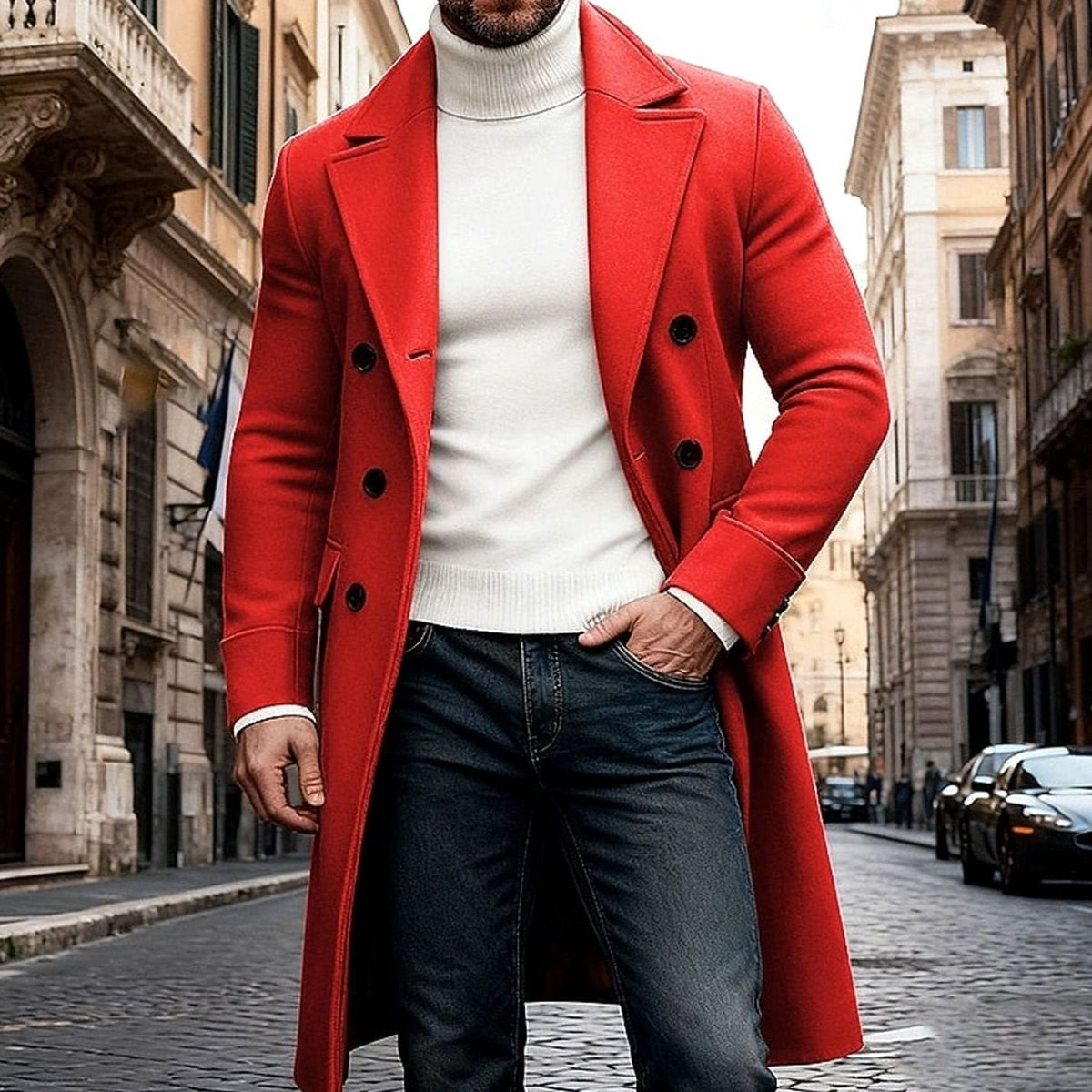 Men's Double-Breasted Long Wool Tailored Fit Overcoat