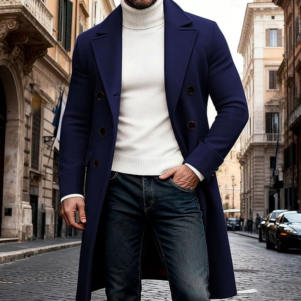 Men's Double-Breasted Long Wool Tailored Fit Overcoat