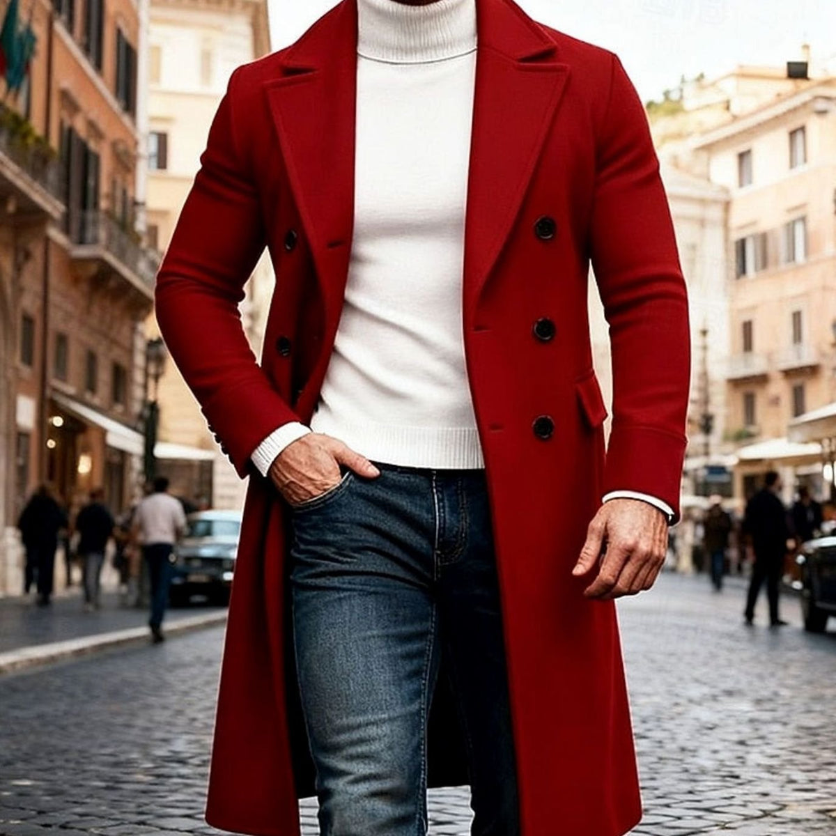 Men's Double-Breasted Long Wool Tailored Fit Overcoat