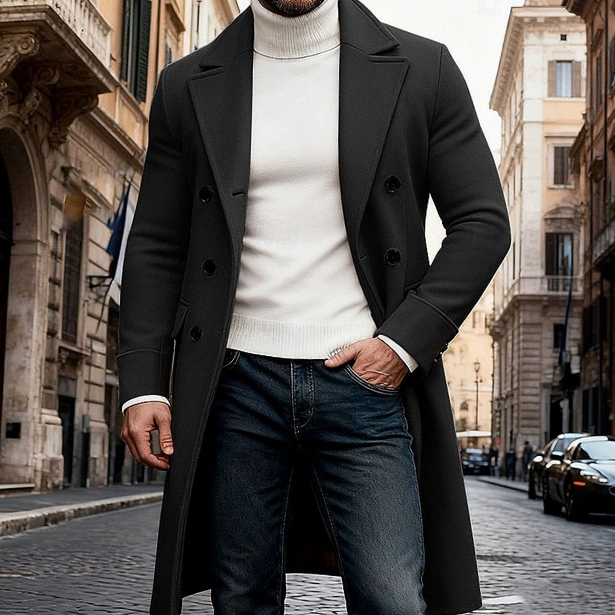 Men's Double-Breasted Long Wool Tailored Fit Overcoat
