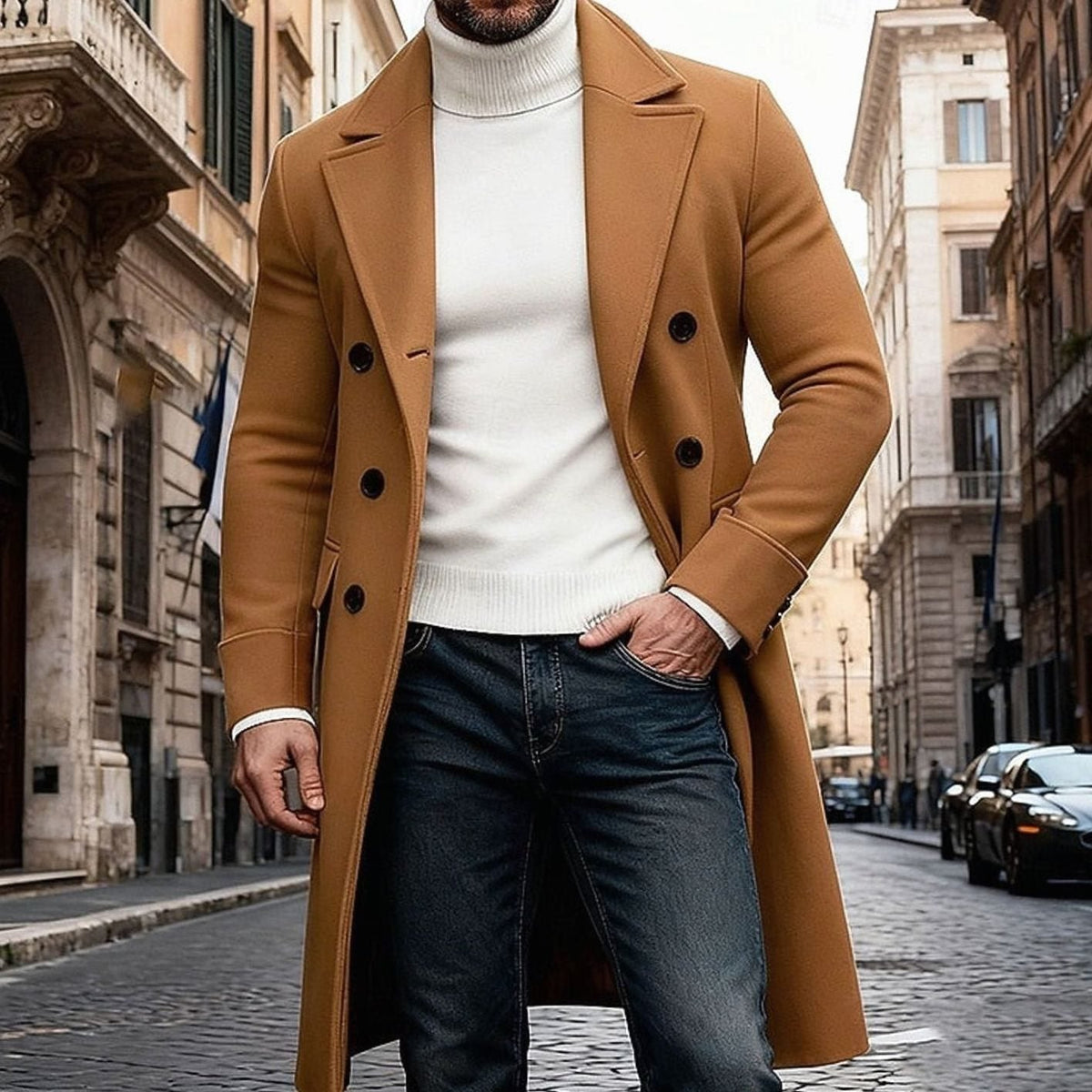 Men's Double-Breasted Long Wool Tailored Fit Overcoat