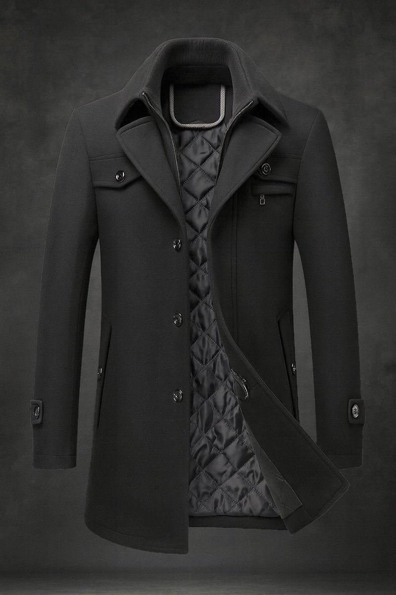 Men's Double-Collar Quilted-Lined Wool Overcoat