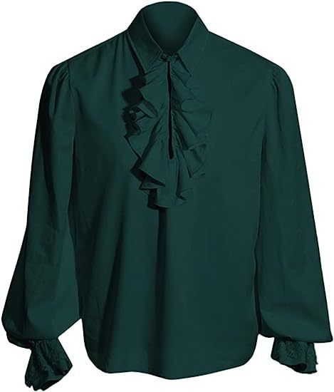 Men's Elegant Baroque Ruffle Shirt with Stand-Up Collar, Frilled Chest, and Lace Cuffs