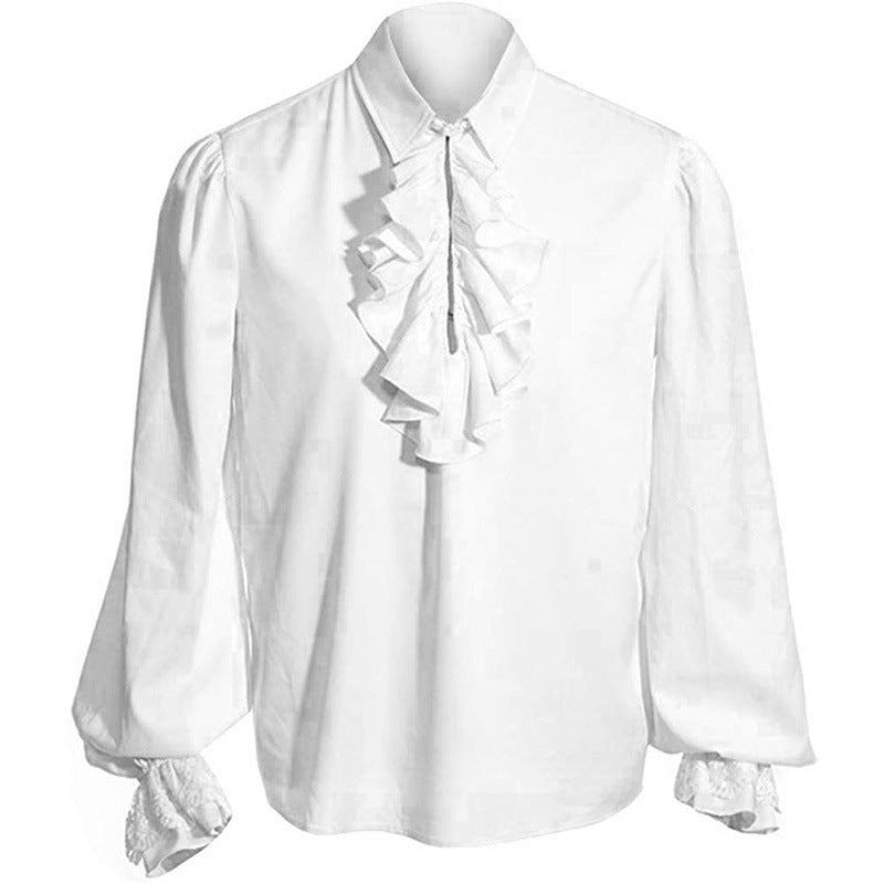 Men's Elegant Baroque Ruffle Shirt with Stand-Up Collar, Frilled Chest, and Lace Cuffs
