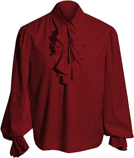 Men's Elegant Baroque Ruffle Shirt with Stand-Up Collar, Frilled Chest, and Lace Cuffs