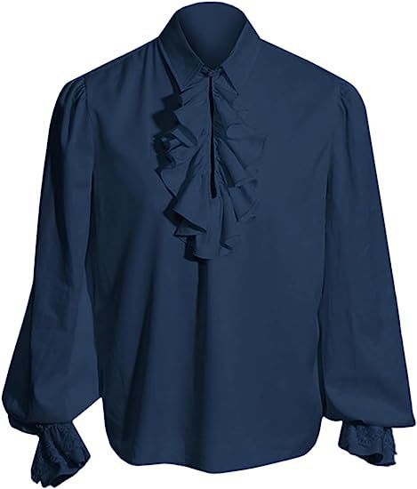 Men's Elegant Baroque Ruffle Shirt with Stand-Up Collar, Frilled Chest, and Lace Cuffs