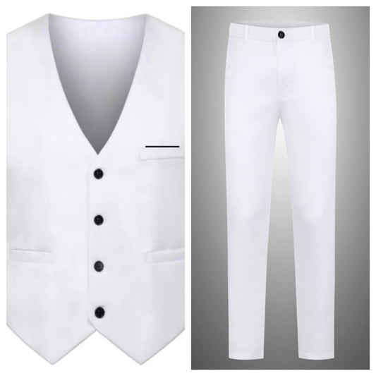 Men's Elegant Satin Waistcoat with V-Neck and Slim-Fit Suit Trousers