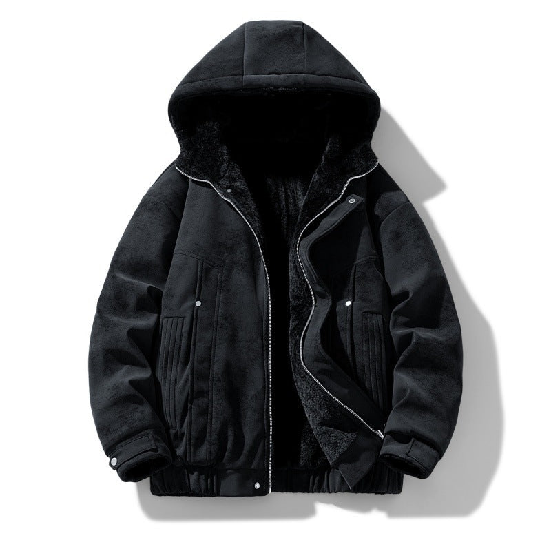 Men's Hooded Faux Suede Jacket with Fleece Lining