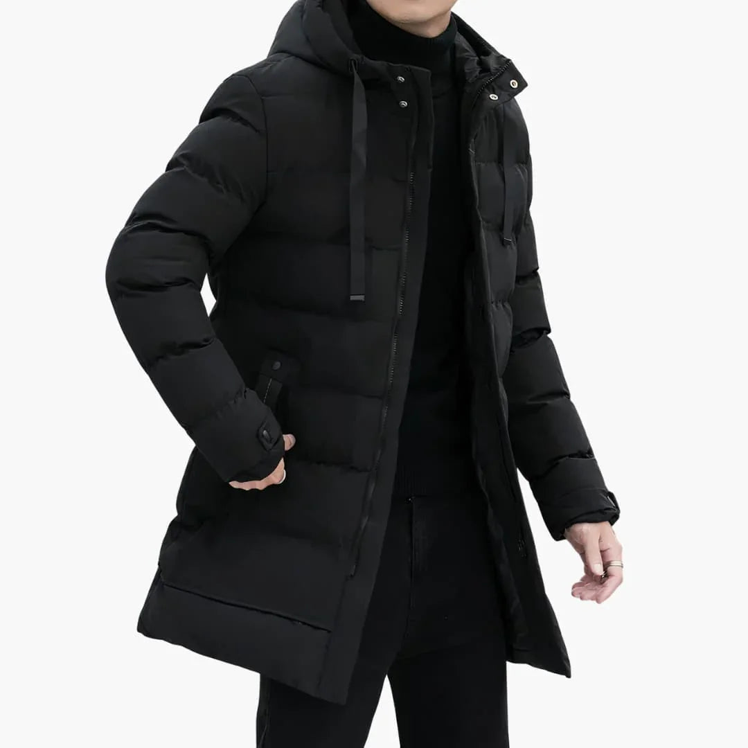 Men's Long Hooded Padded Jacket with Zipper