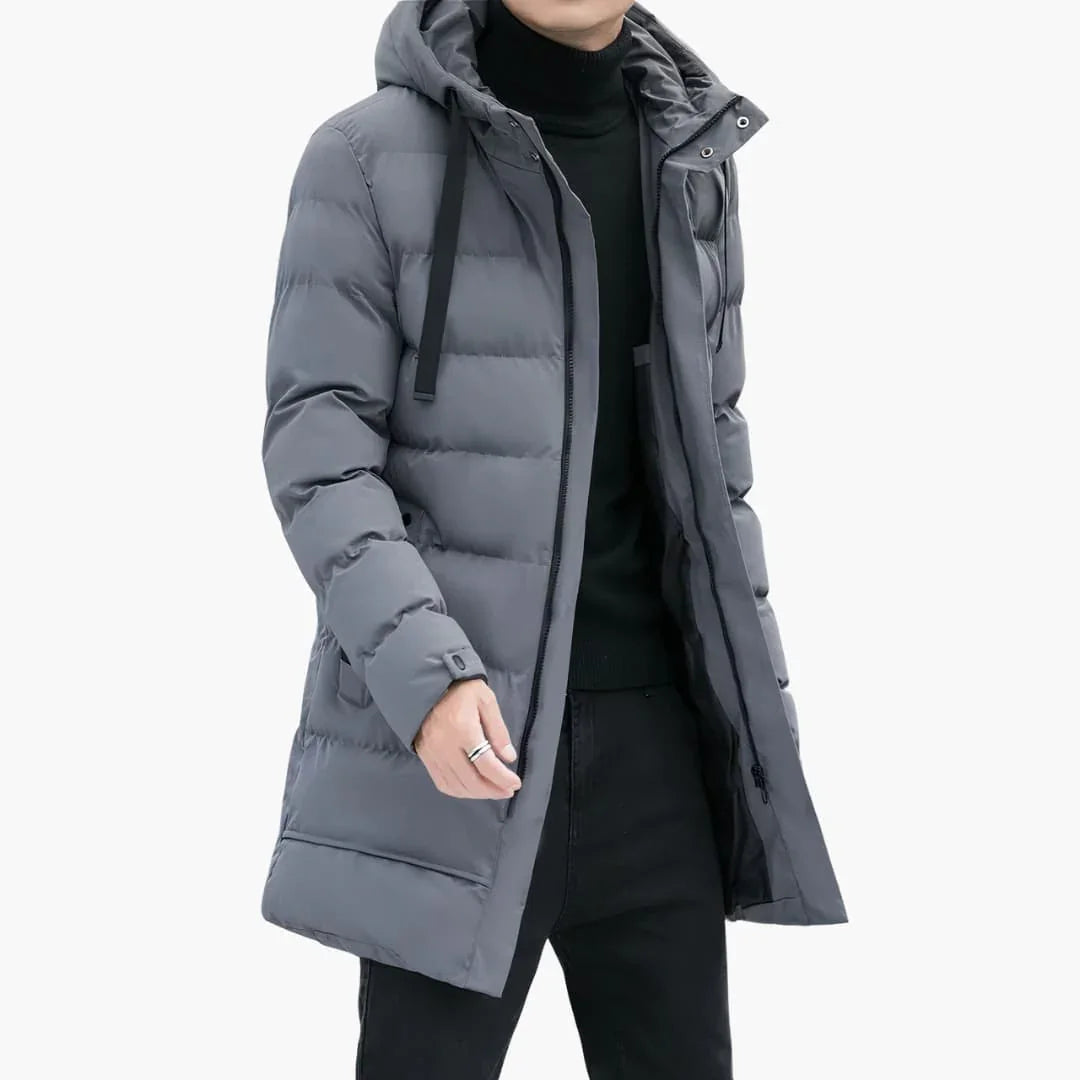 Men's Long Hooded Padded Jacket with Zipper