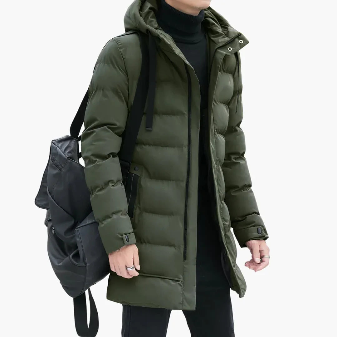 Men's Long Hooded Padded Jacket with Zipper