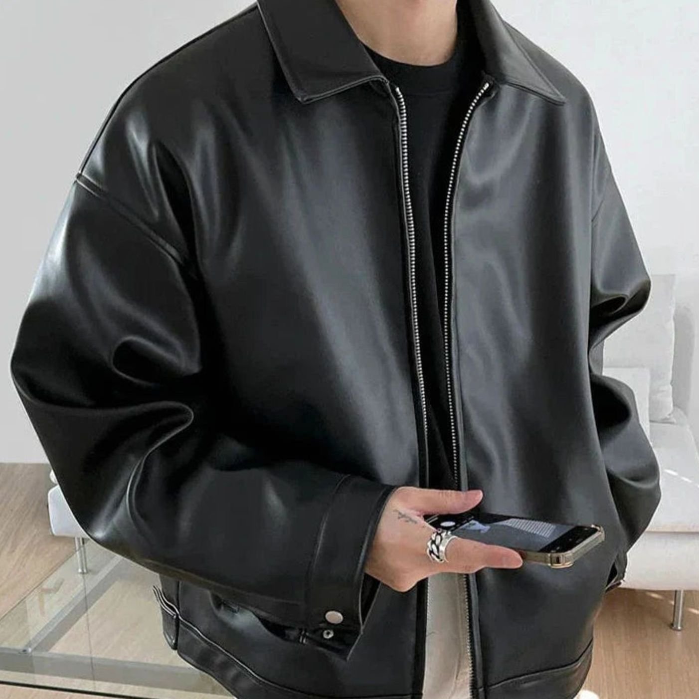 Men's Oversized Faux Leather Zip-Up Bomber Jacket