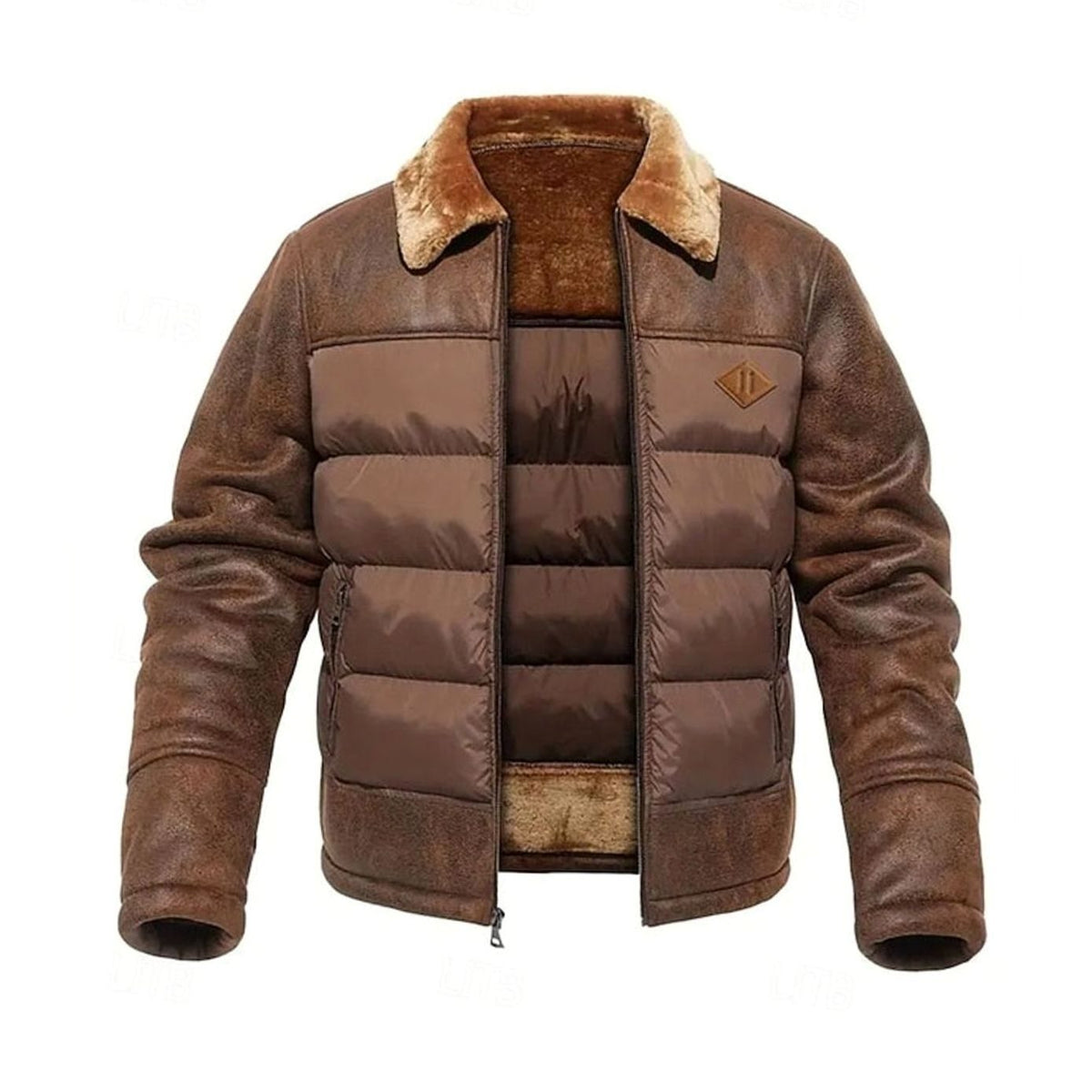 Men's Quilted Faux-Leather Insulated Winter Coat with Sherpa Collar