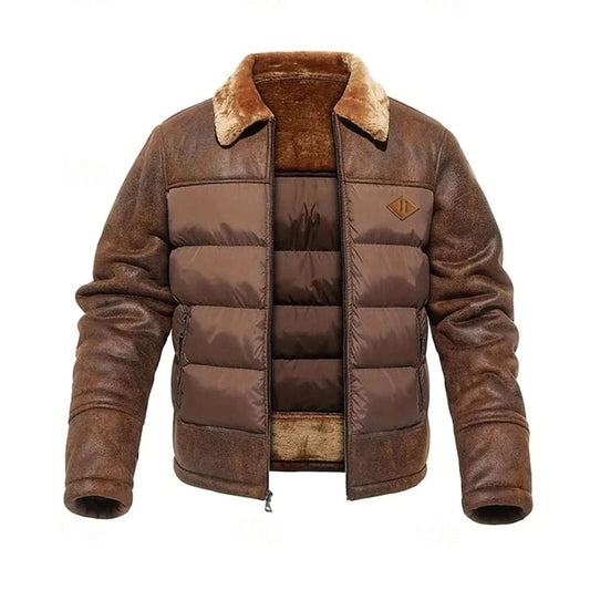 Men's Quilted Faux-Leather Insulated Winter Coat with Sherpa Collar