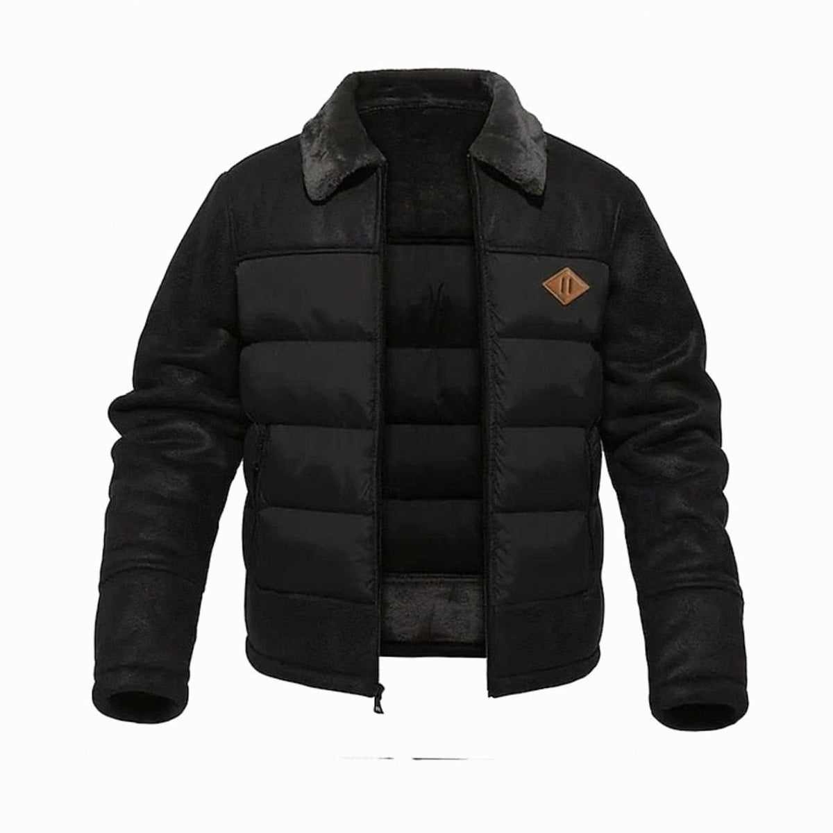 Men's Quilted Faux-Leather Insulated Winter Coat with Sherpa Collar