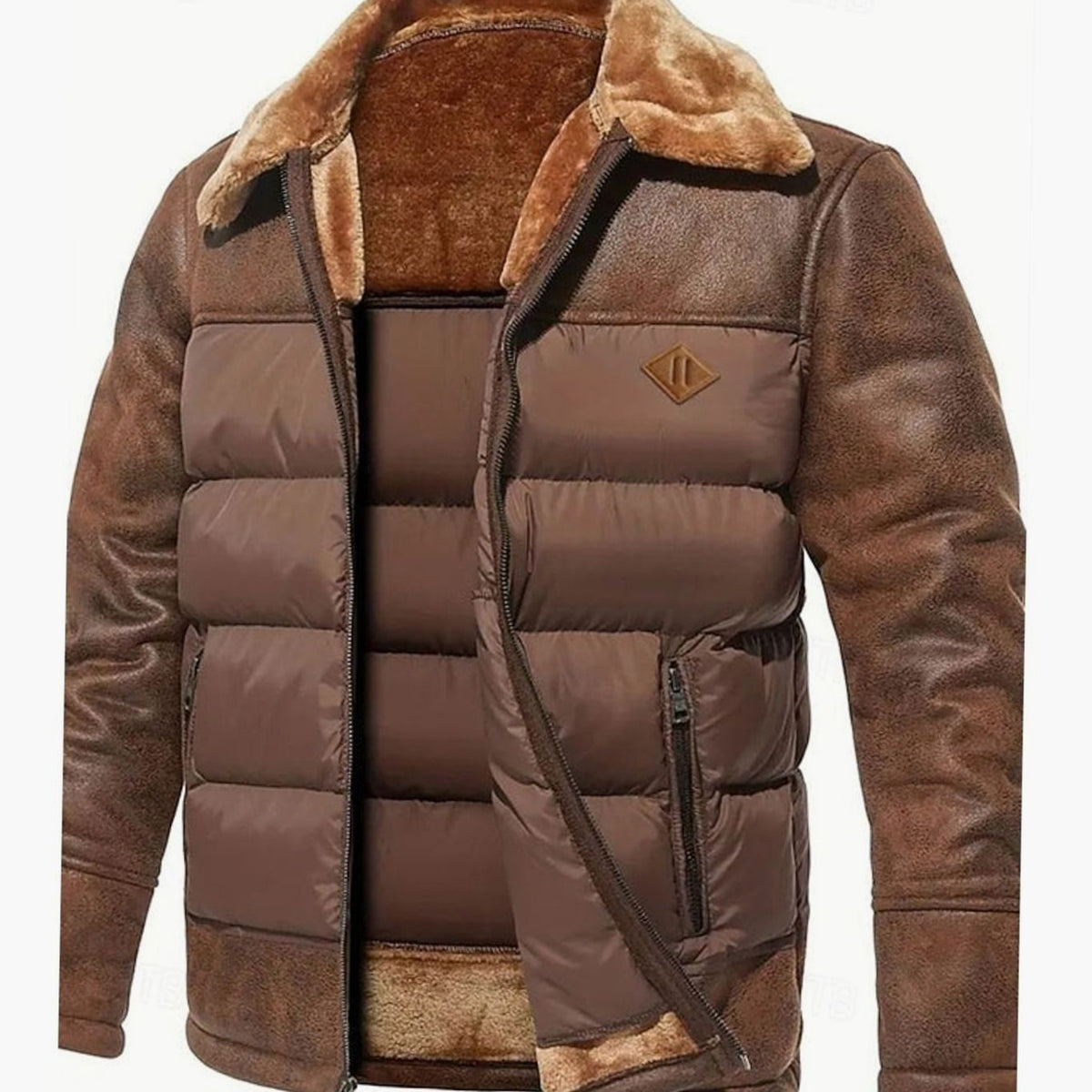 Men's Quilted Faux-Leather Insulated Winter Coat with Sherpa Collar