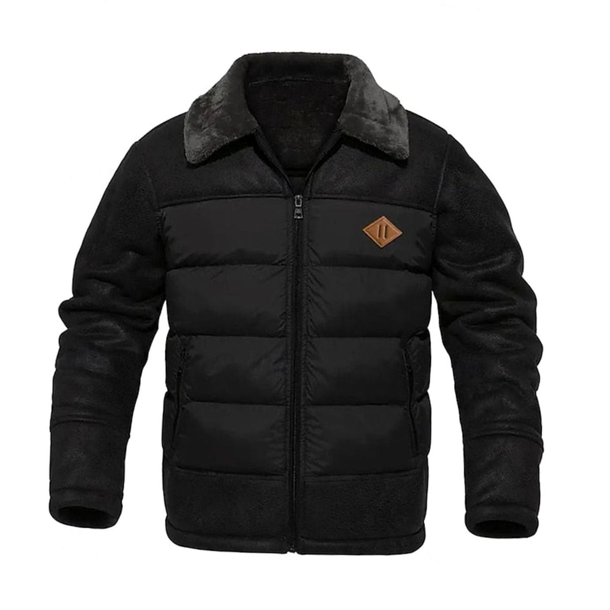 Men's Quilted Faux-Leather Insulated Winter Coat with Sherpa Collar