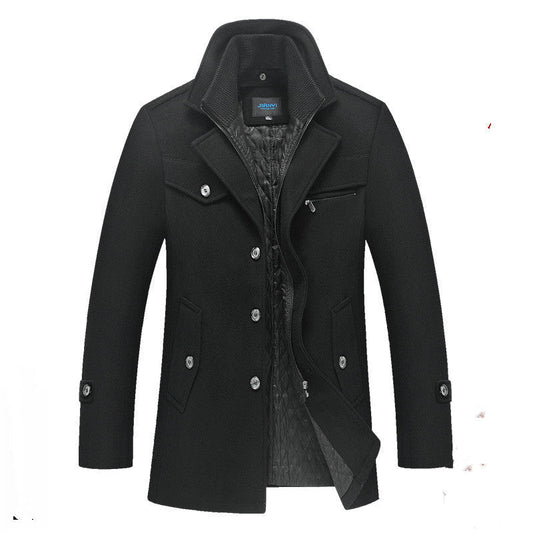 Men's Quilted Long Wool Coat with Stand Collar and Zip Front