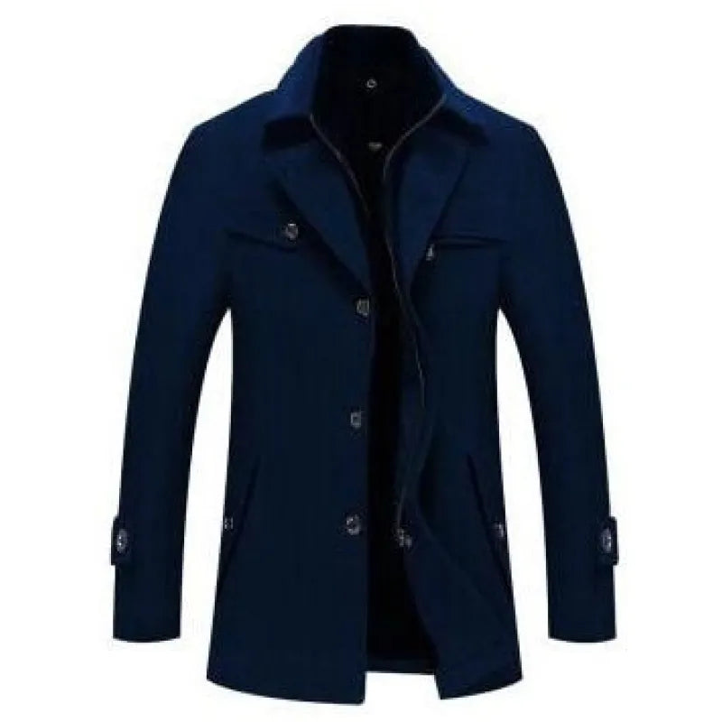 Men's Quilted Long Wool Coat with Stand Collar and Zip Front