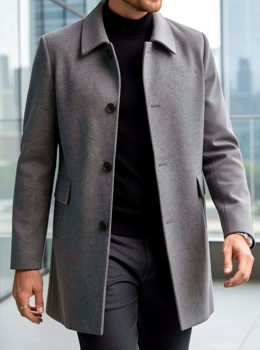 Men's Relaxed Fit Single-Breasted Wool Overcoat with Classic Collar