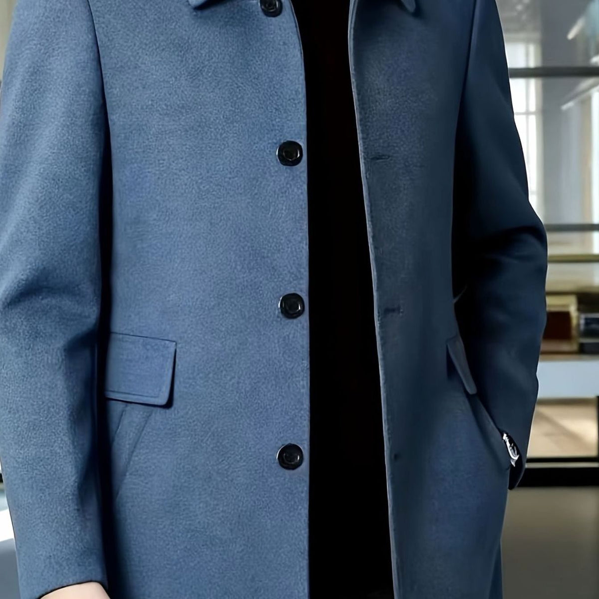 Men's Relaxed Fit Single-Breasted Wool Overcoat with Classic Collar