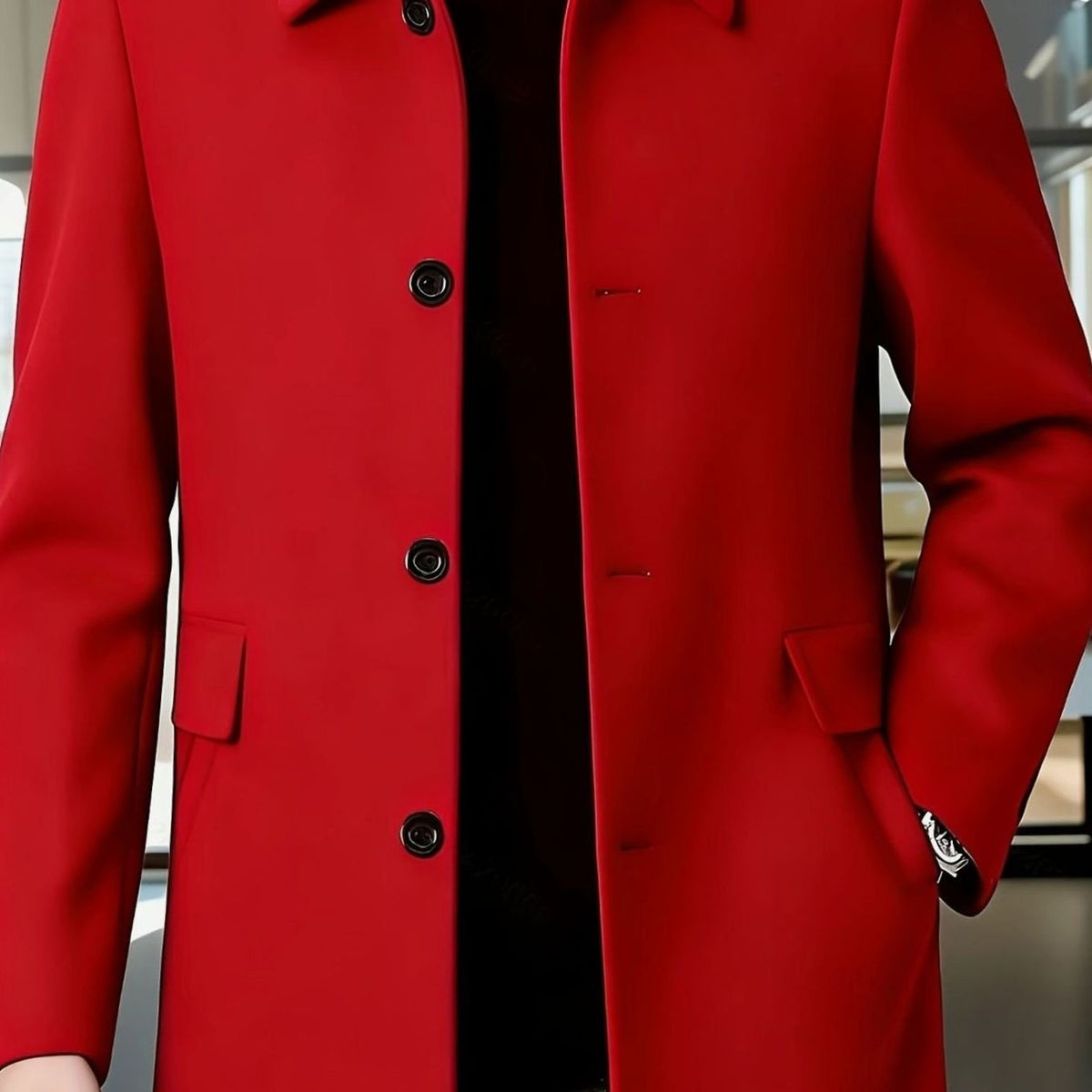 Men's Relaxed Fit Single-Breasted Wool Overcoat with Classic Collar