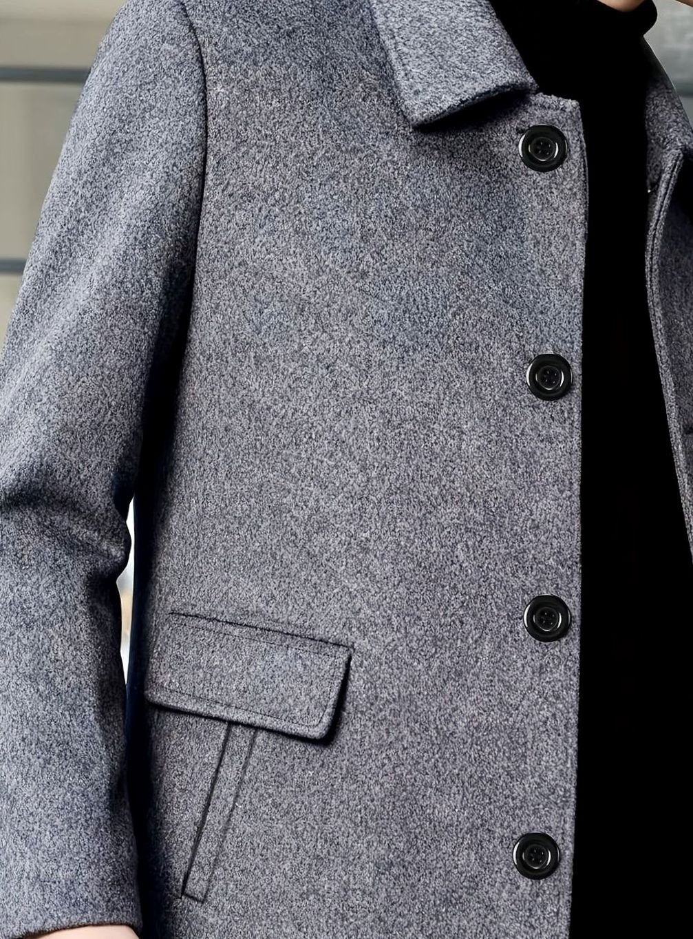 Men's Relaxed Fit Single-Breasted Wool Overcoat with Classic Collar
