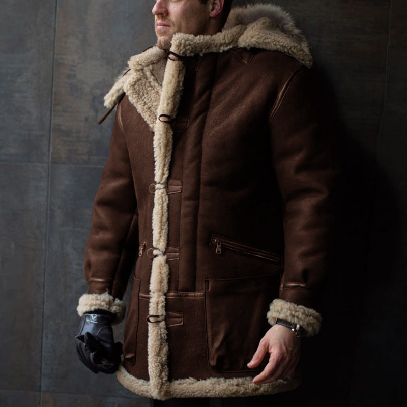 Men's Sheepskin Coat with Hood and Pockets