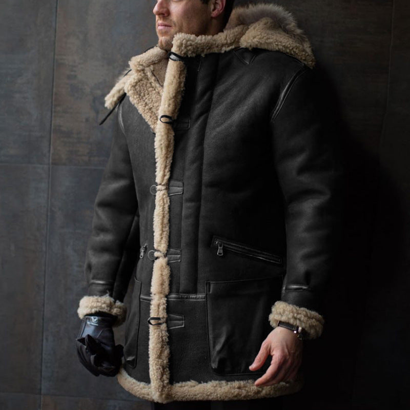 Men's Sheepskin Coat with Hood and Pockets