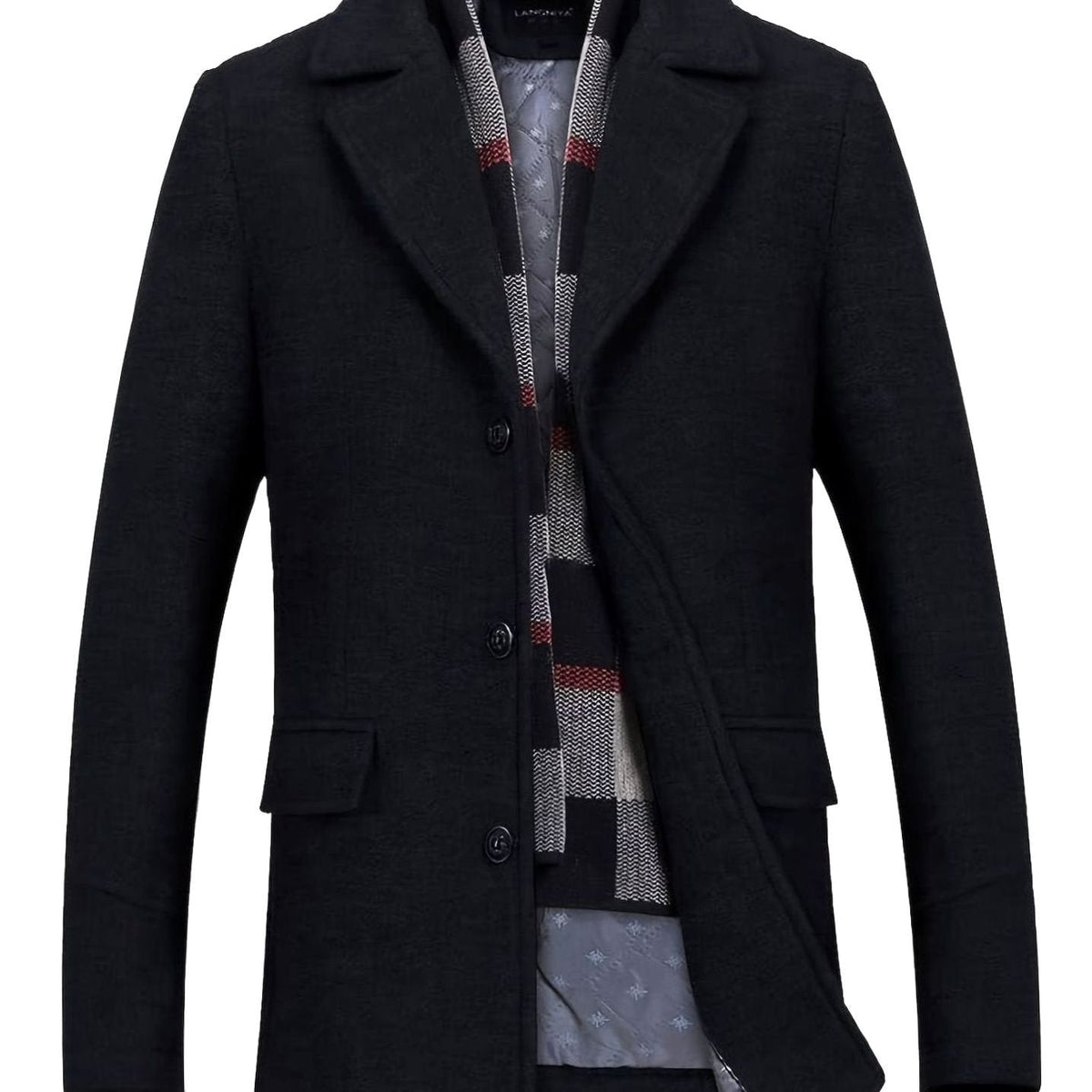 Men's Single-Breasted Tailored Lapel Wool Overcoat with Scarf