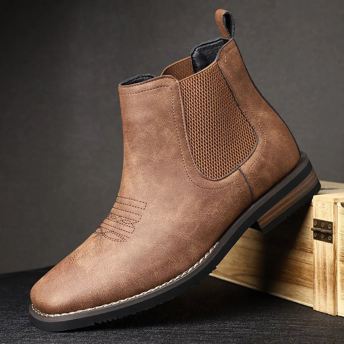 Men's Slip-On Chelsea Ankle Boots with Western Stitching