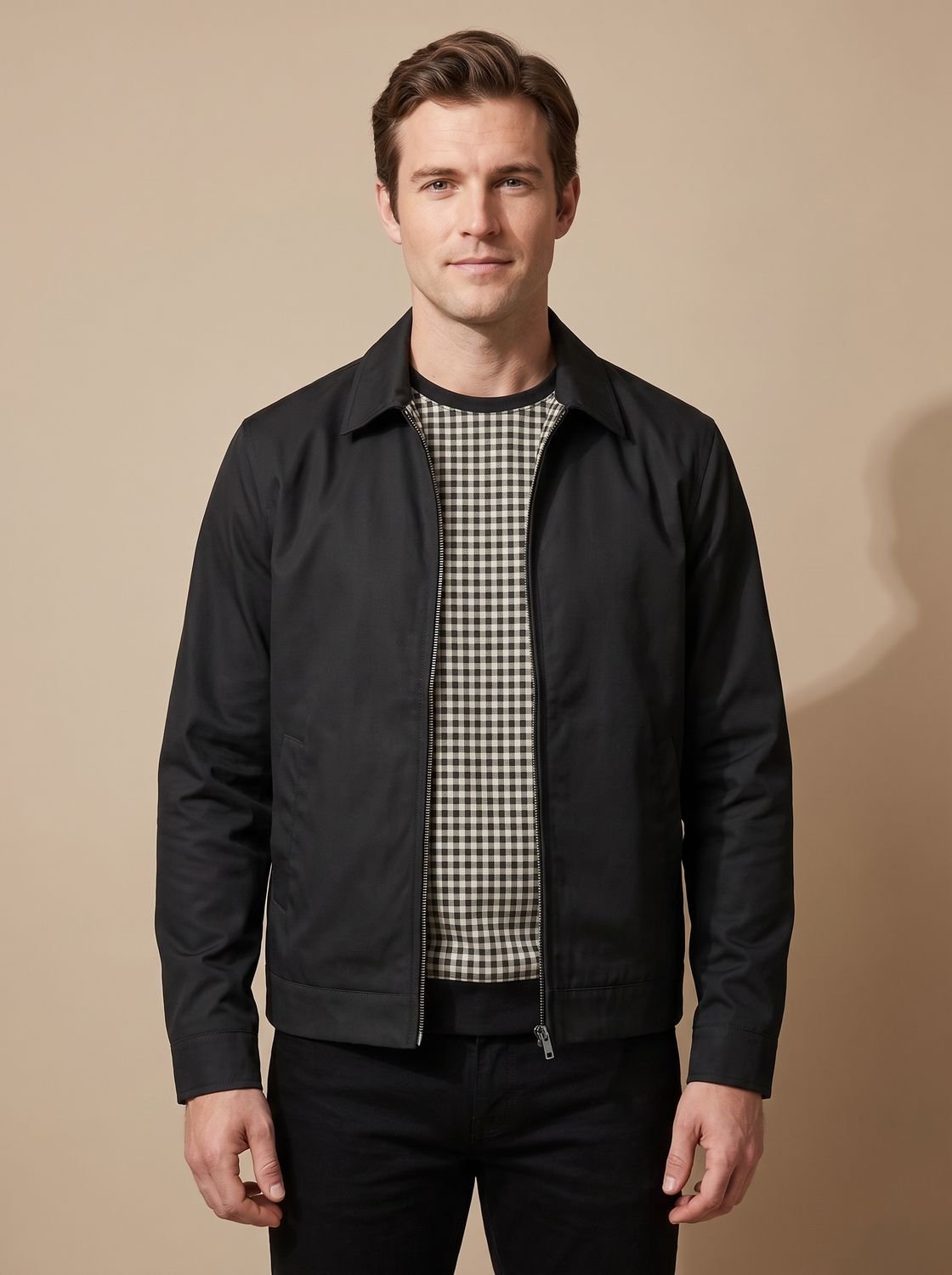 Men's Smart-Casual Gingham-Lined Full-Zip Harrington Jacket
