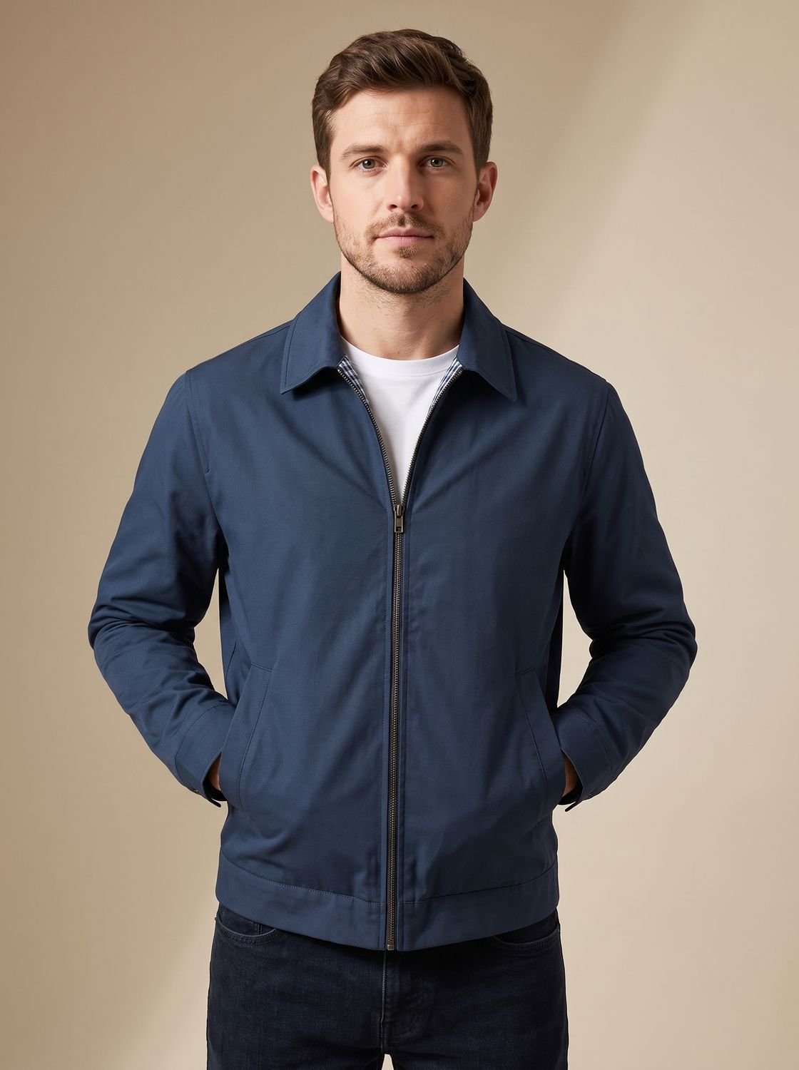 Men's Smart-Casual Gingham-Lined Full-Zip Harrington Jacket