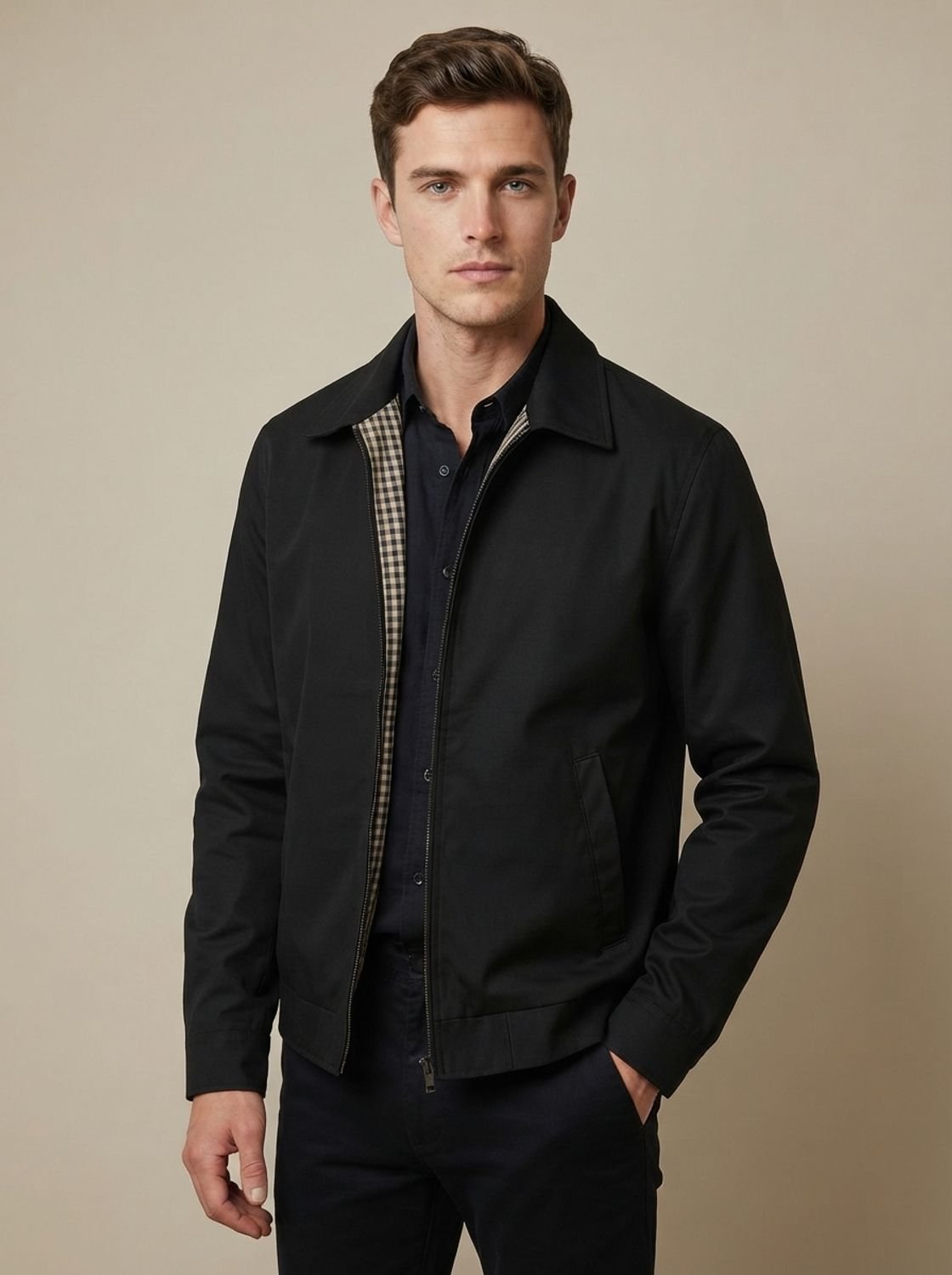 Men's Smart-Casual Gingham-Lined Full-Zip Harrington Jacket