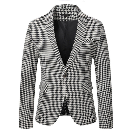 Men's Tailored Houndstooth Blazer with Lapel Collar and Flap Pockets