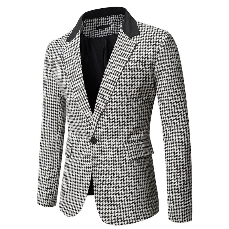 Men's Tailored Houndstooth Blazer with Lapel Collar and Flap Pockets