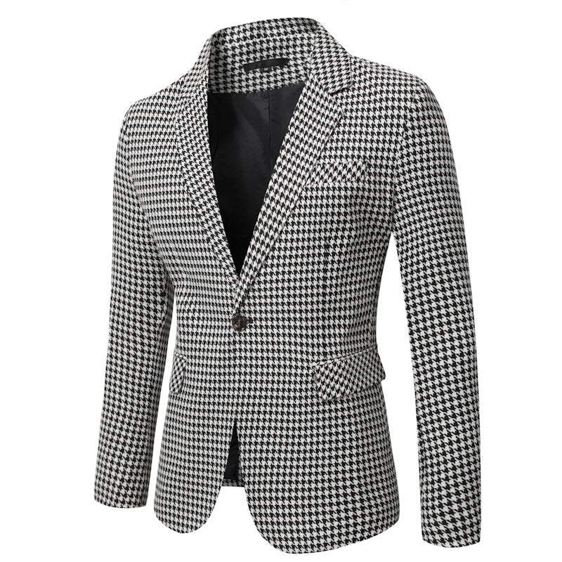 Men's Tailored Houndstooth Blazer with Lapel Collar and Flap Pockets