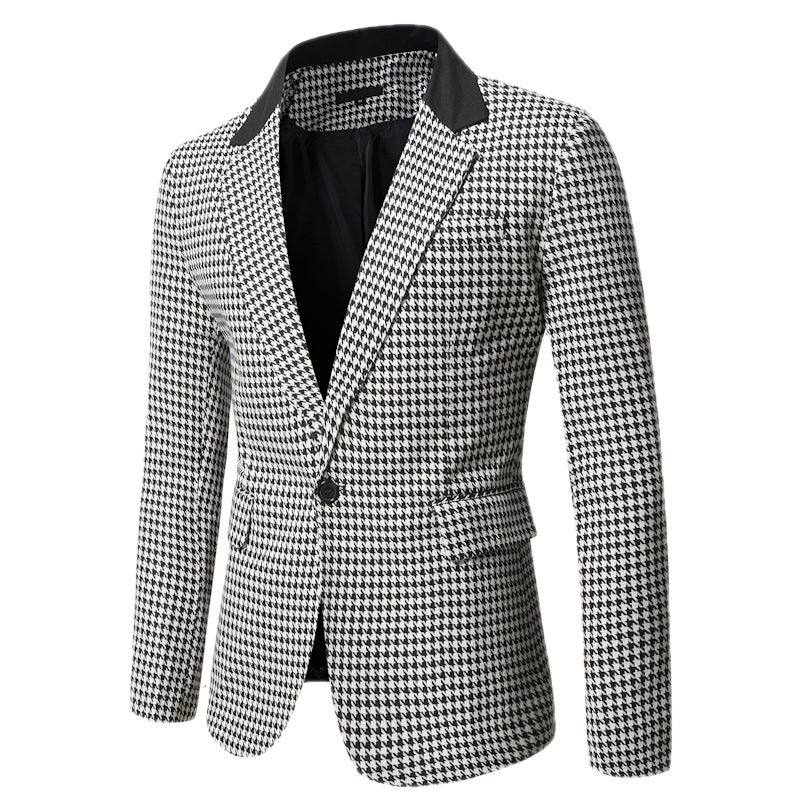 Men's Tailored Houndstooth Blazer with Lapel Collar and Flap Pockets